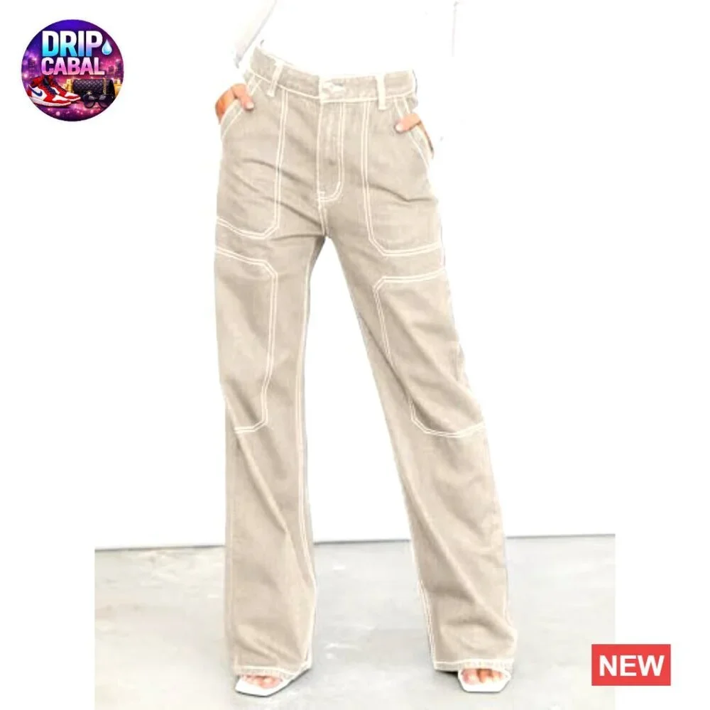 Wide Leg Cargo Jeans Stretch Denim Pants Casual Y2K Retro Chic - Picture 2 of 7